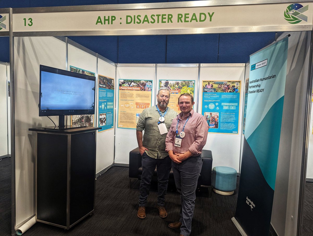 AusHPship's tweet photo. At #APMCDRR2022? Come and see us in the marketplace! Tim and Craig from the AHPSU are on the first shift, but over the next four days you can meet a wide range of our #AHPDisasterREADY partners from across the region. (And we're right near a coffee station and the Ignite Stage!) https://t.co/AQB4RMGo5o