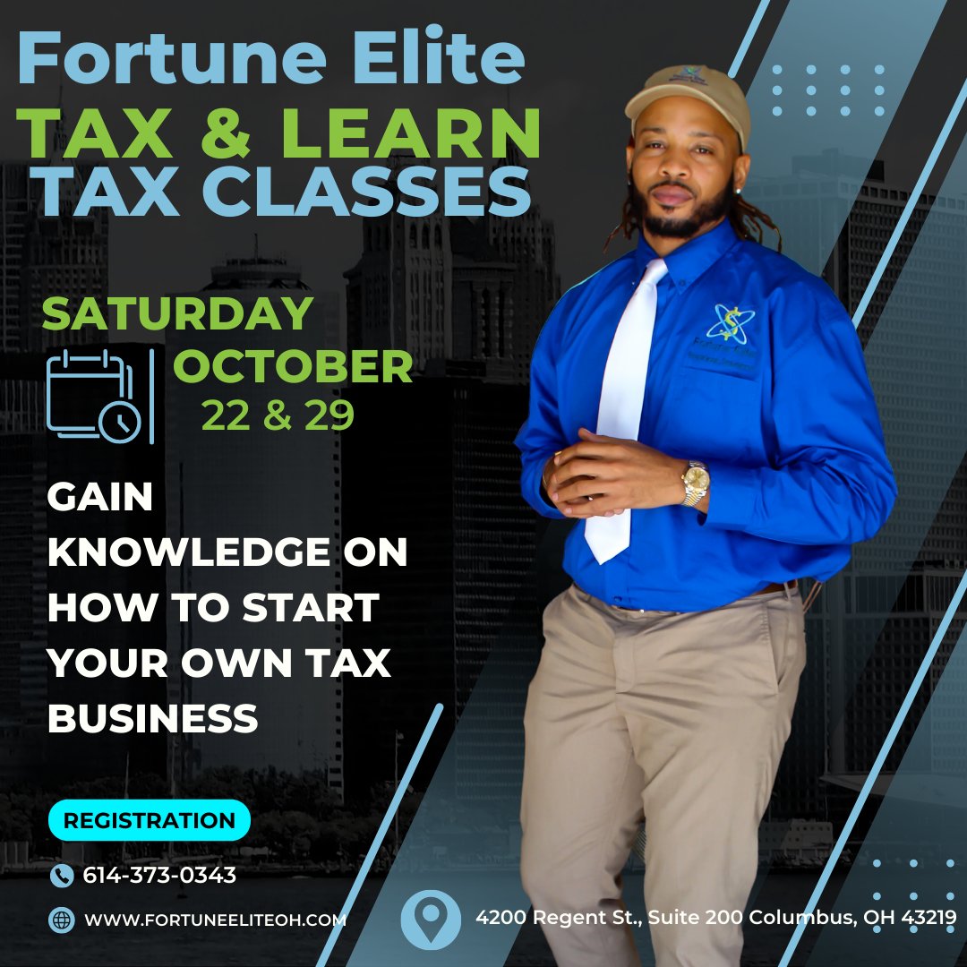 FortuneEliteTAX's tweet photo. Join one of the #1 Growing Professions for Entrepreneurs by becoming a tax pro with our Tax  &amp; Learn Tax Classes! We will have sessions on Saturday October 22nd and October 29th at our Columbus location. Call 614-373-0343 to register! 

#fortuneelitetaxes #taxandlearn #columbus https://t.co/BSL5b7Ue9F