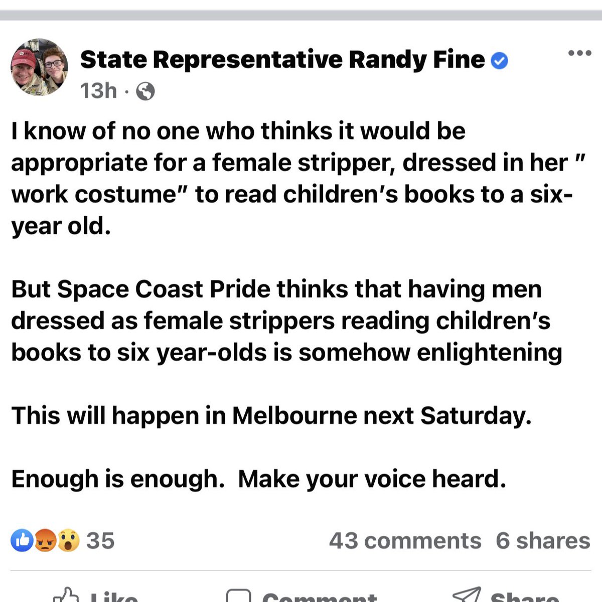 BelliniMom's tweet photo. Why does a State Representative get away with inciting hate over and over again? @equalityfl @spacecoastpride @ACLUFL @AnnaForFlorida @lesleyabravanel https://t.co/YB0xpc9Hma