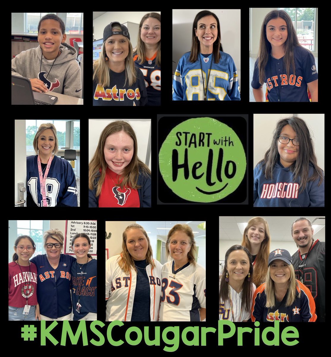 Our @HumbleISD_KMS Cougars are TEAMING⬆️ to say Hello👋 for @sandyhook #StartWithHelloWeek!! ⚾️🏈#KMSCougarPride #JerseyDay