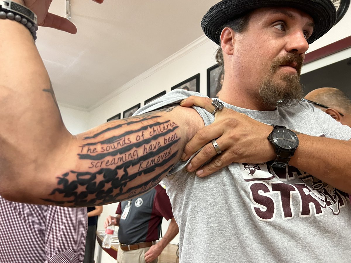Brett Cross, father of Uziyah Garcia, showed us his tattoo before the start of the Uvalde CISD school board meeting.