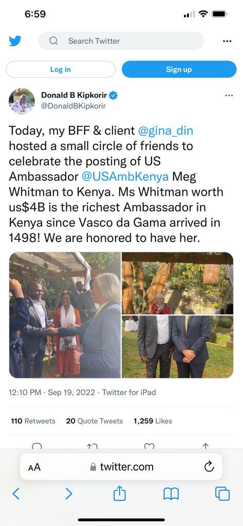 Kenya's shortest money launderer with gargantuan low self-esteem is fawning over a rich caucasian woman because the low life believes, wrongly, that money is everything. Short man, sit down. You will soon answer for the billions of public money you have stolen.