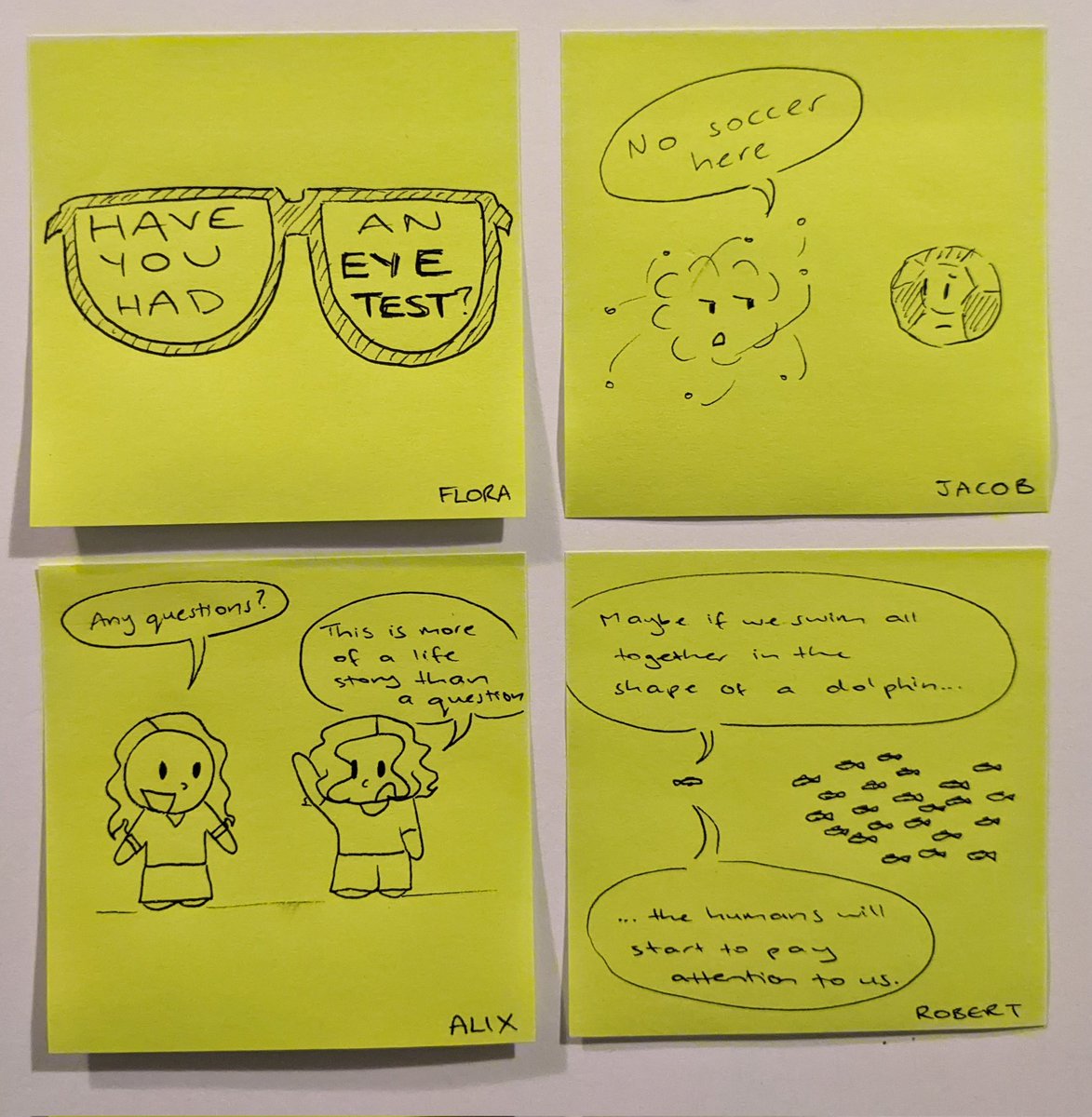 Started day 2 of #ABCTop5Science with Post-it cartoons for my fellow TOP 5 about their research @RadioNational Eyes for @FloraHui, soccer-free oxygen for @nzjakemartin, life stories for @AlixWoolard, underappreciated fish for @robert_p_streit #SciComm