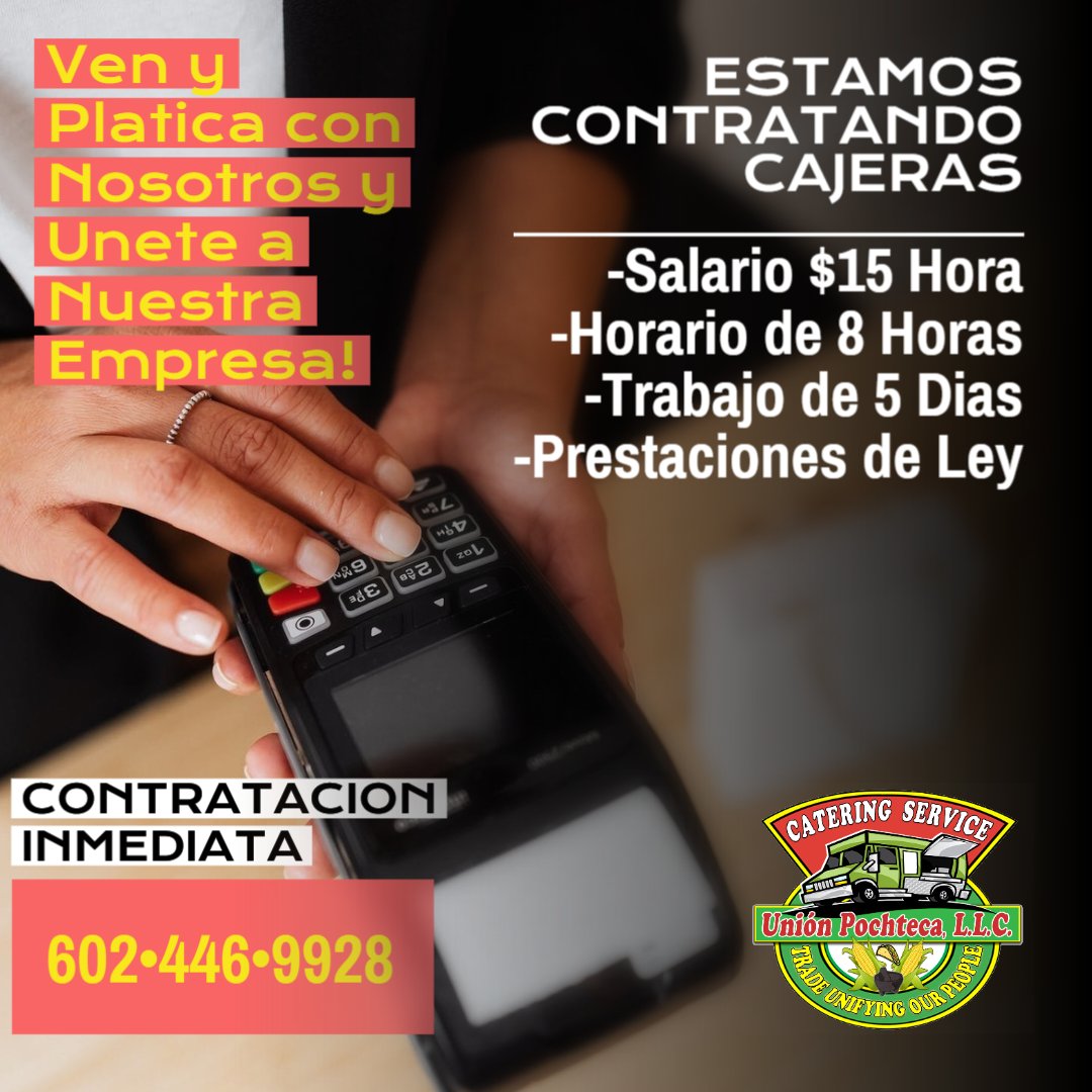UnionPochteca's tweet photo. Estamos contratando -CAJERAS
*CONTRATACION INMEDIATA*
Hable con nosotros para más información
(602)446-9928☎️
hablar de Lunes a Domingo
#UnionPochteca #werehiring https://t.co/VKtNOak7Ms