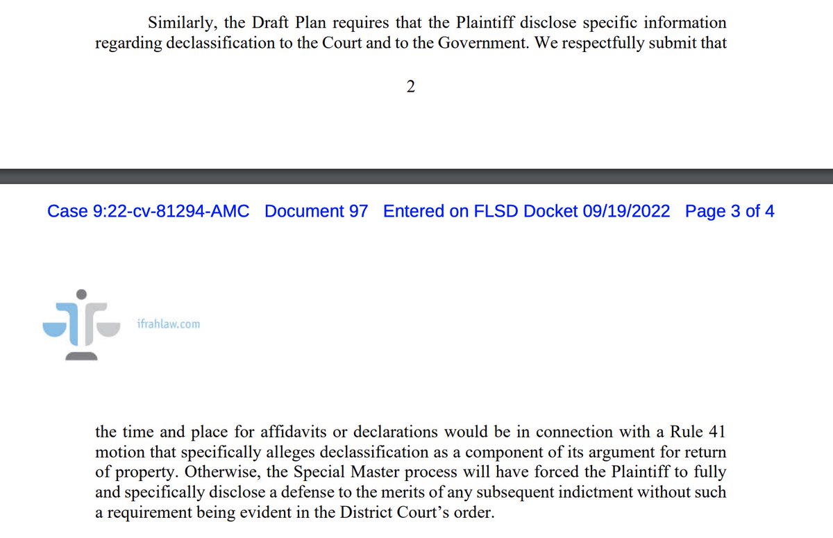 JUST IN: Special Master Dearie has asked Trump's team for declarations about any acftions he's taken to declassify material. Trump's team says i n a filing tonight that it is resisting that request — because it could be a defense to any criminal cahrges. storage.courtlistener.com/recap/gov.usco…