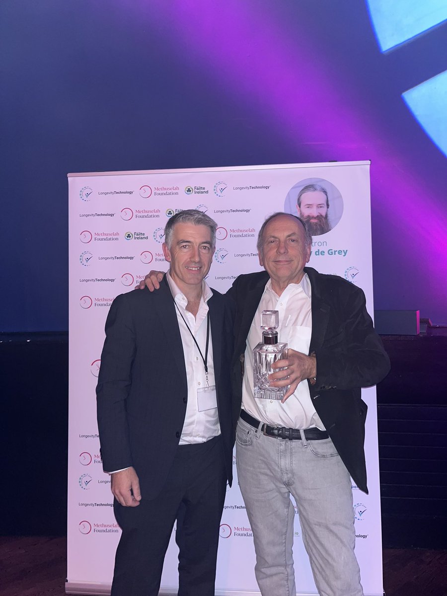 LongevityDublin's tweet photo. Up next is the award for Outstanding Contribution. And the winner is.. @DrMichaelWest of @agexthera for all his hard work and determination #longevitysummitdublin #healthspan #methuselahfoundation #lifespanio #longevitytechnology #agextherapeutics #conference #research https://t.co/YGnzwFL35j