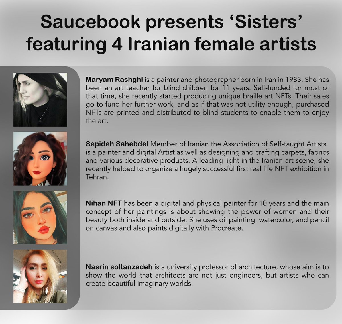 Look what's happening next week's Saucebook Sundays!

Four amazing Iranian artists, featured in a simultaneous double drop.  One part is Open Editions at an accessible $50 again, running for 24 hours.

The other, Limited Editions using all of the Nifty Gateway drop mechanics 👇👇