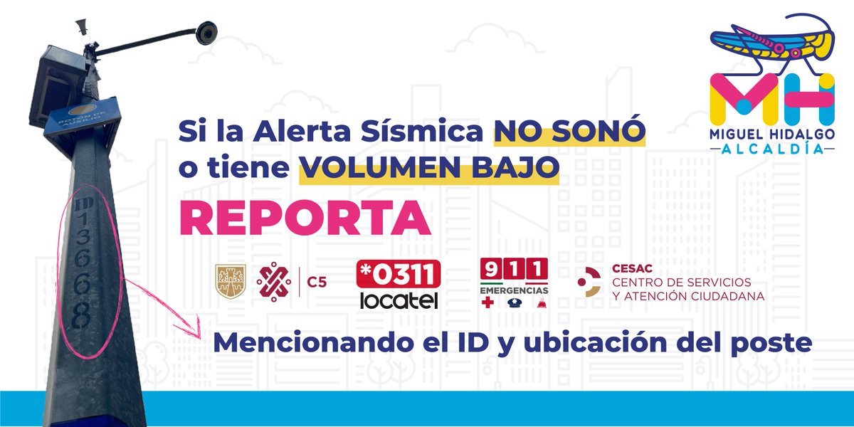 Si la #AlertaSísimica cercana a tu domicilio, escuela o lugar de trabajo NO SONÓ, tiene volumen bajo o es inaudible, REPORTA a través del @C5_CDMX, @locatel_mx al *0311, el 911 o el @MHcesac. Es indispensable indicar la dirección del poste y número de ID del mismo.