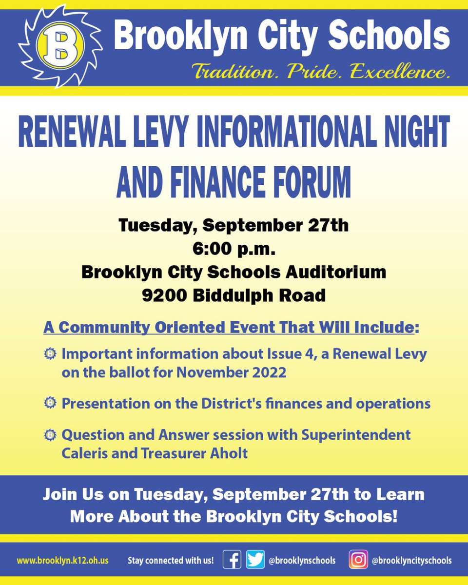 HurricanesSuper's tweet photo. Come learn about the @BrooklynSchools Issue 4 on the ballot this November - a no new taxes renewal levy, receive updates on district finances, and other important information!#KeepMovingForward #WinTheDay https://t.co/5veddvYVDR