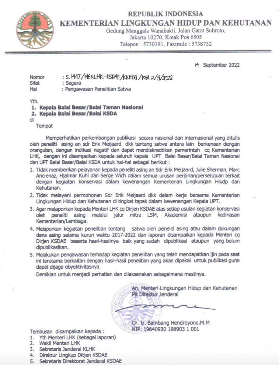 Hello, @emeijaard is it true that you were banned by KLHK? What happened? Halo @KementerianLHK, apakah surat ini benar? Apakah benar karena menulis opini di media lalu dibanned?