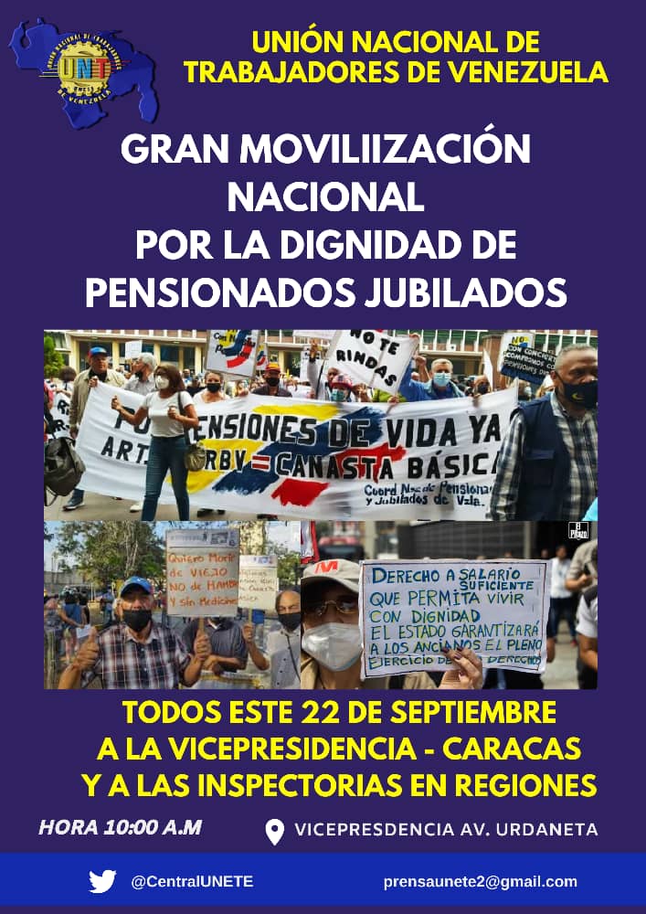 #19Sept CENTRAL UNETE CONVOCA A TODOS LOS TRABAJADORES PARA ESTE JUEVES 22 DE SEPTIEMBRE A LA VICEPRESIDENCIA DE LA REPÚBLICA Y APOYAR A NUESTROS PENSIONADOS Y JUBILADOS PARA EXIGIR  PENSIONES DIGNAS. ¡MUEVETE POR TUS DERECHOS Y  DIGNIDAD! <a href="/OITnoticias/">OIT</a> <a href="/NoticiasONU/">Noticias ONU</a>