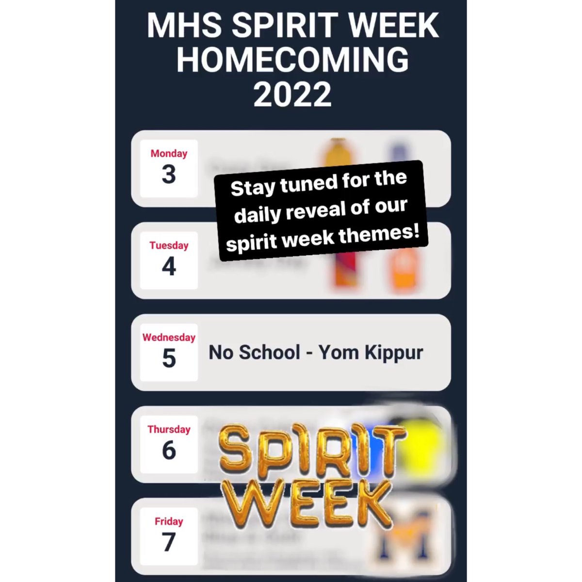 Spirit week is coming up 10/3-10/7! Each day this week we will reveal another spirit theme!
