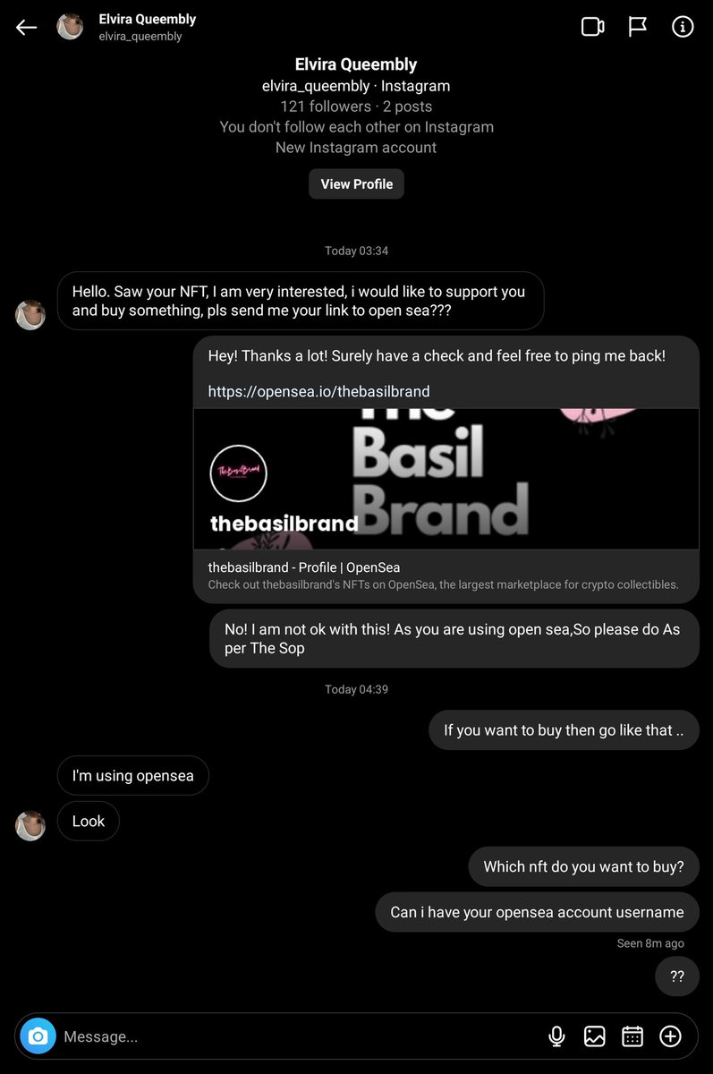 TheBrandBasil's tweet photo. Hey Guys, I got this text on my Instagram and this person says as he/ she wants to buy my NFTs, feels like a FRAUD to me. She sent me this QR code and asked me to scan it to receive the payment. 
Be aware of such frauds and don't fall under this trap
# nftfraud #fraud # NFTfamily https://t.co/OGOZtEYciD