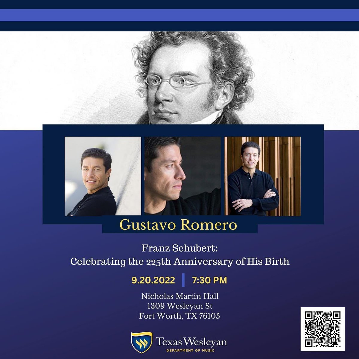 TxWesMusic's tweet photo. Join us tomorrow at 7:30 in Martin Hall with the talented Gustavo Romero for the 225th celebration of Franz Schubert’s birth! See you there! 🐏💙💛 #RamMusicLife #RamsUp https://t.co/2ehgfsMAwv