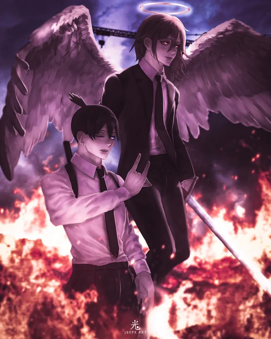 So hyped from the Chainsaw Man trailer that we put together some fan art to tide you over until Oct 11:  "Aki And Angel Devil" by   