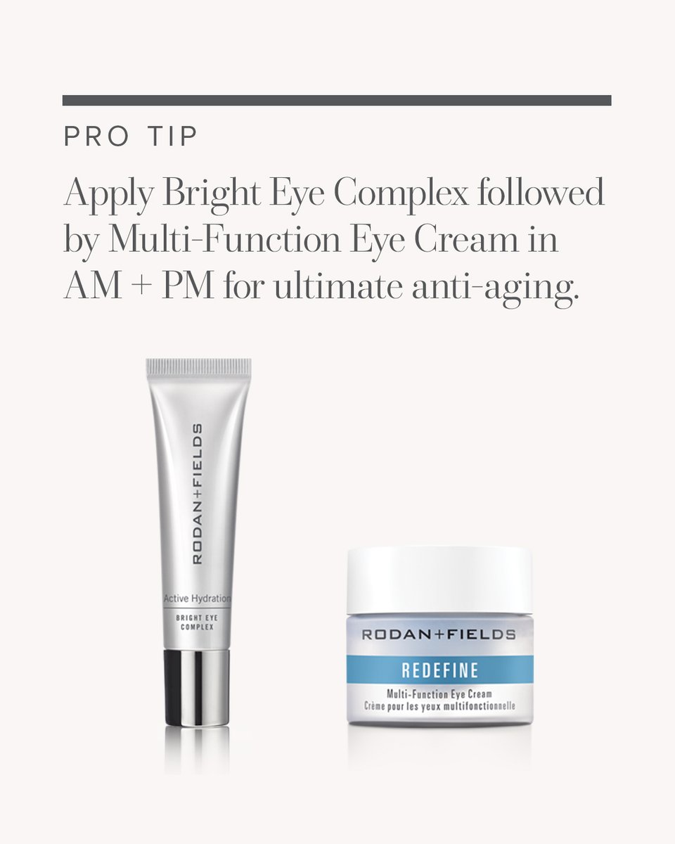 mariewall06's tweet image. RodanFieldsHQ: #ProTip: Layering products can improve your results!

When it comes to the delicate skin around the eyes, our 🤩 #BrightEyeComplex +✌️ #MultiFunctionEyeCream can both help you achieve a more refreshed look.

What R+F eye cream do you use?