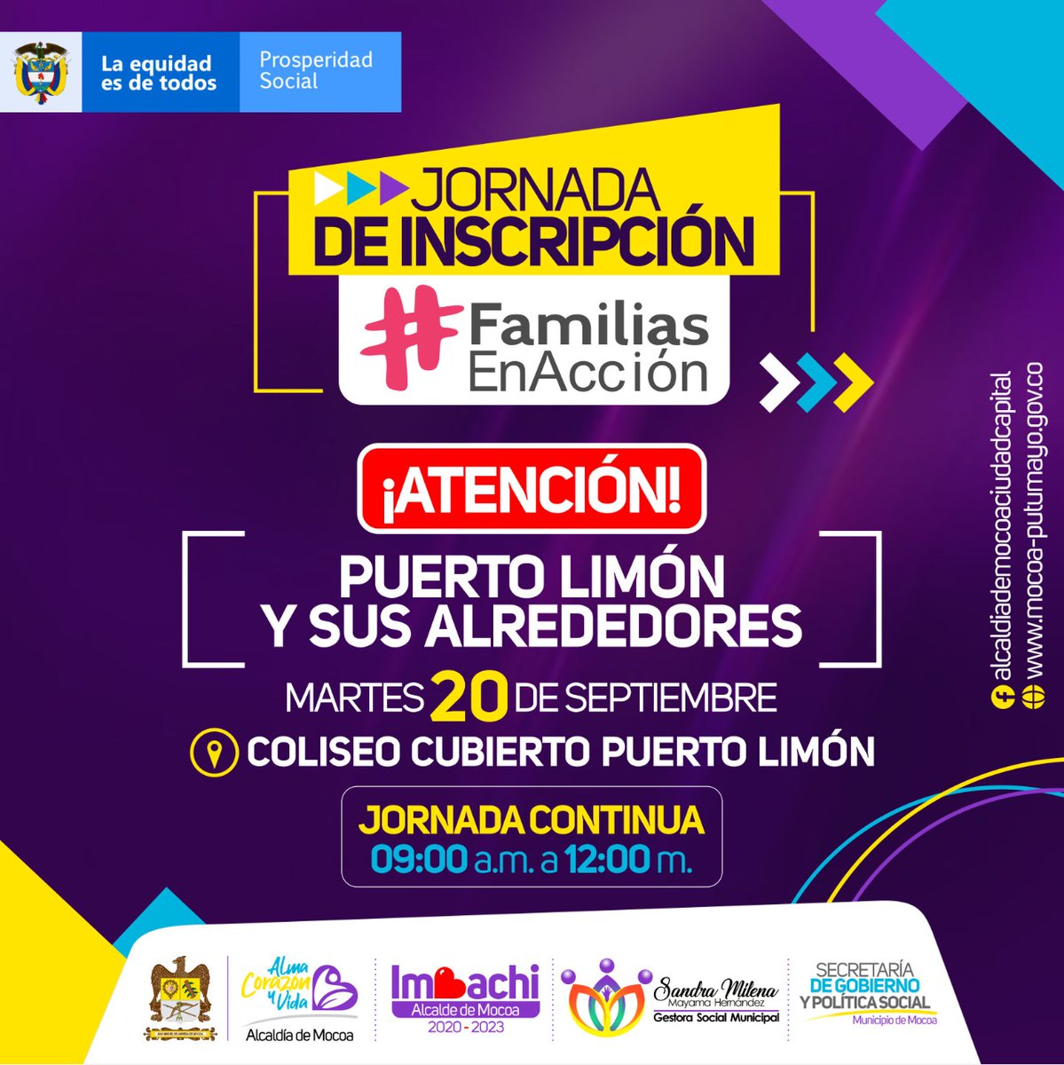 Alcaldia de Mocoa (@alcaldiademocoa) on Twitter photo La oficina de la Mujer y la Gestora Social Municipal de Mocoa, Sandra Milena Mayama Hernandez, <a href="/sammyhz69/">Sandra Mayama</a> invitan a la comunidad Limonense, a la jornada de incripción masiva al programa Familias en Acción.
🗓 20 Sept/22
📍Coliseo Puerto Limón
🕑 9:00 am a 12:00
<a href="/AlcaldiadeMocoa/">Alcaldia de Mocoa</a> La oficina de la Mujer y la Gestora Social Municipal de Mocoa, Sandra Milena Mayama Hernandez, <a href="/sammyhz69/">Sandra Mayama</a> invitan a la comunidad Limonense, a la jornada de incripción masiva al programa Familias en Acción.
🗓 20 Sept/22
📍Coliseo Puerto Limón
🕑 9:00 am a 12:00
<a href="/AlcaldiadeMocoa/">Alcaldia de Mocoa</a>