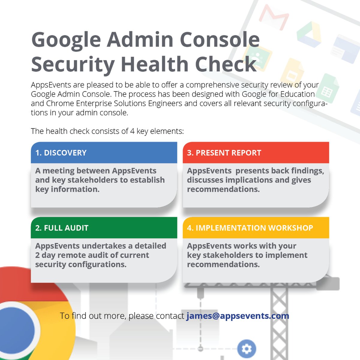 Our comprehensive security review of your Google Admin Console has been designed with Google for Education and Chrome Enterprise Solutions Engineers and covers all relevant security configurations in your admin console.   To find out more, please contact @JamesDSayer