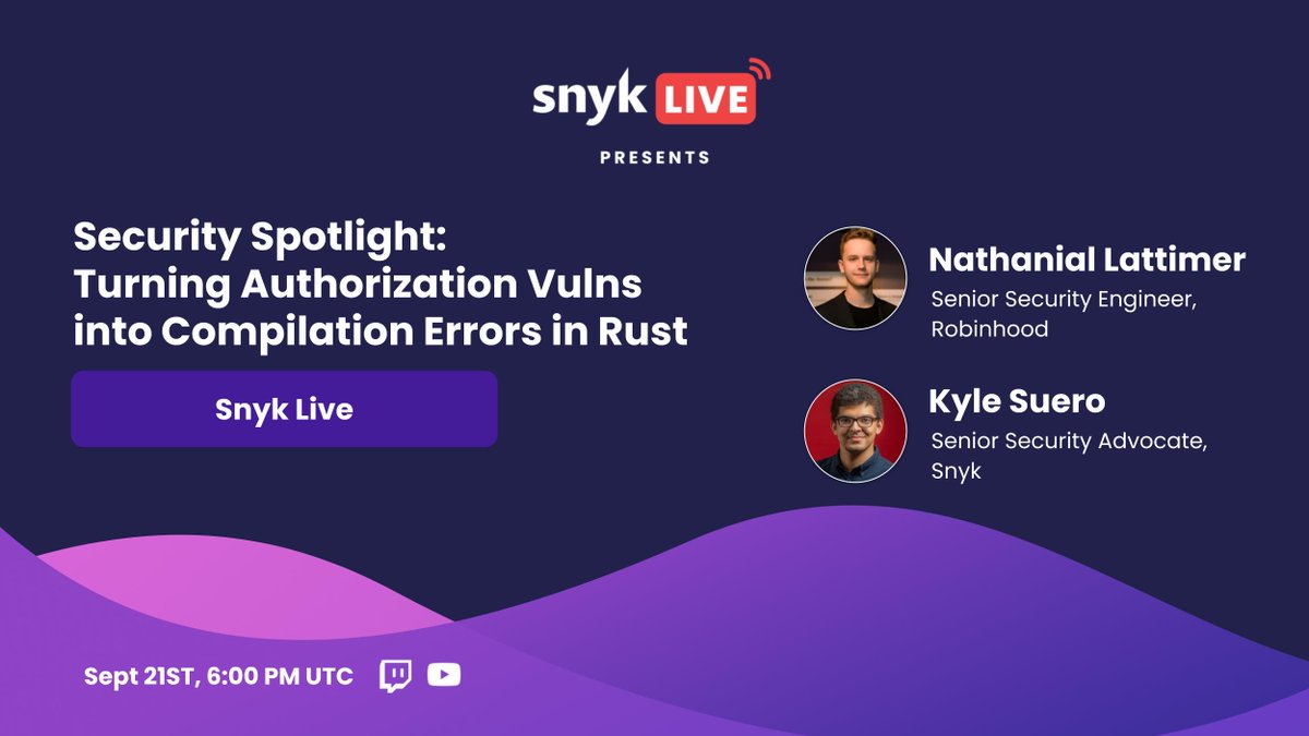 snyksec's tweet photo. What happens when authorization services have errors? 😖

😅 Never fear! Join @kyputer and Nathanial Lattimer of @RobinhoodApp on #SnykLIVE as they dive deep into #Dacquiri, #Rust, and #Authorization. 

🔗: https://t.co/OnIorM2ZlD or https://t.co/O3esEwuRhV https://t.co/wawB4P3Pa3