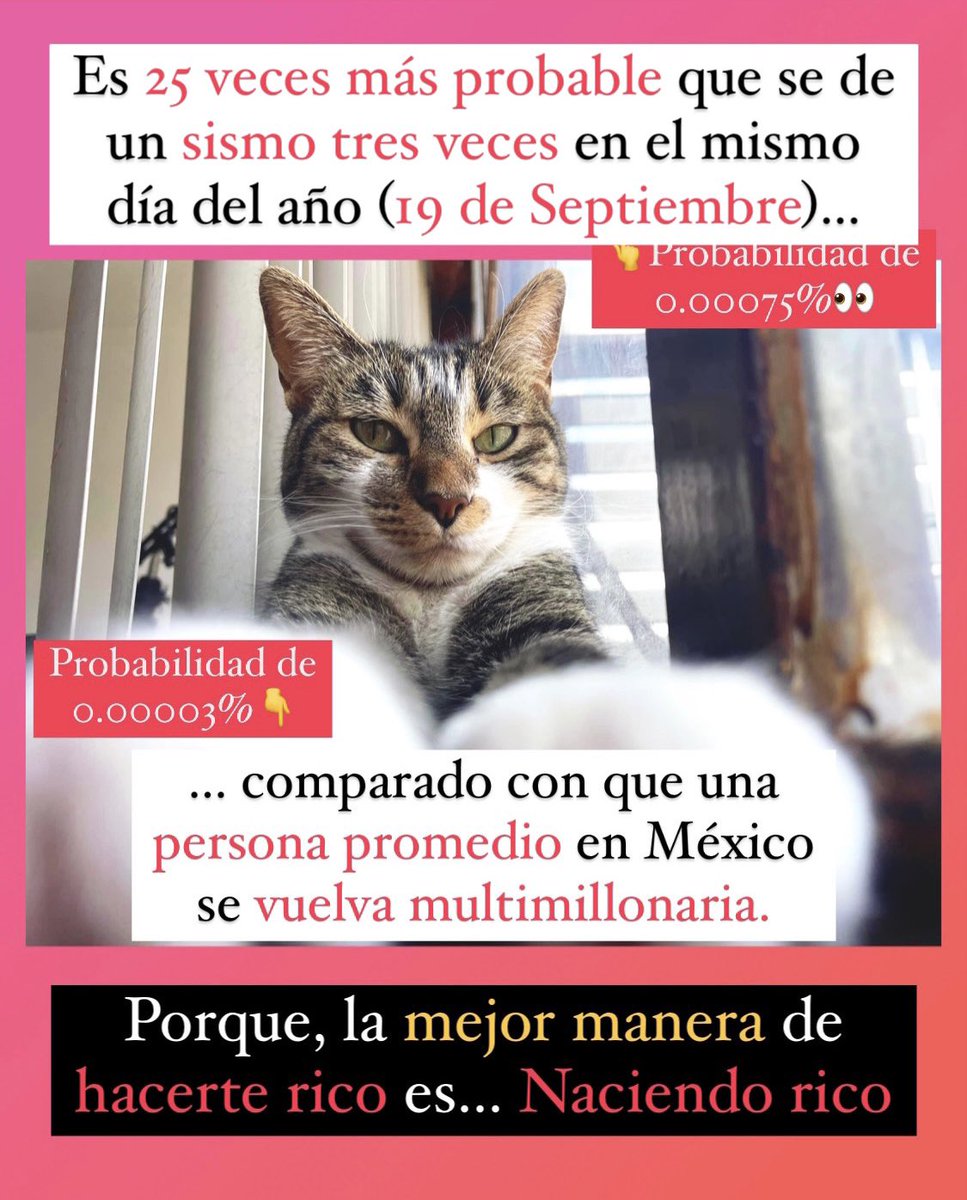 Según reportan, la probabilidad de que haya tres sismos de fuerte magnitud en un mismo día (19 de Septiembre) es de 0.00075%. Muy improbable

Imaginen, la probabilidad de volverse multimillonario* en México es 25 veces más improbable (0.00003%) que los tres sismos el mismo día.