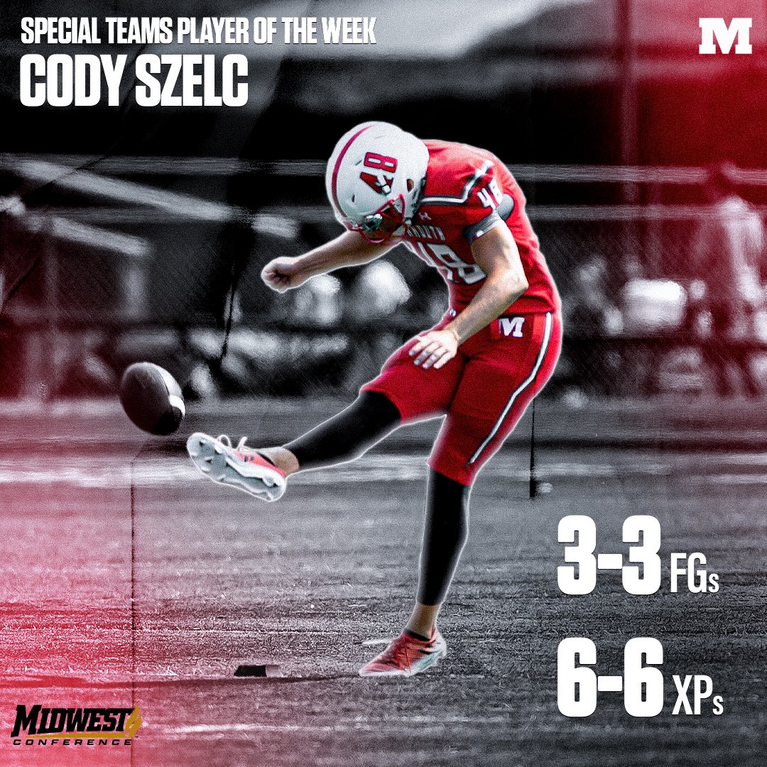 After a perfect Saturday, kicker <a href="/CodySzelc/">Cody Szelc</a> was named MWC special teams performer of the week for <a href="/RollScotsFB/">Monmouth College Football</a> on Monday! #RollScots