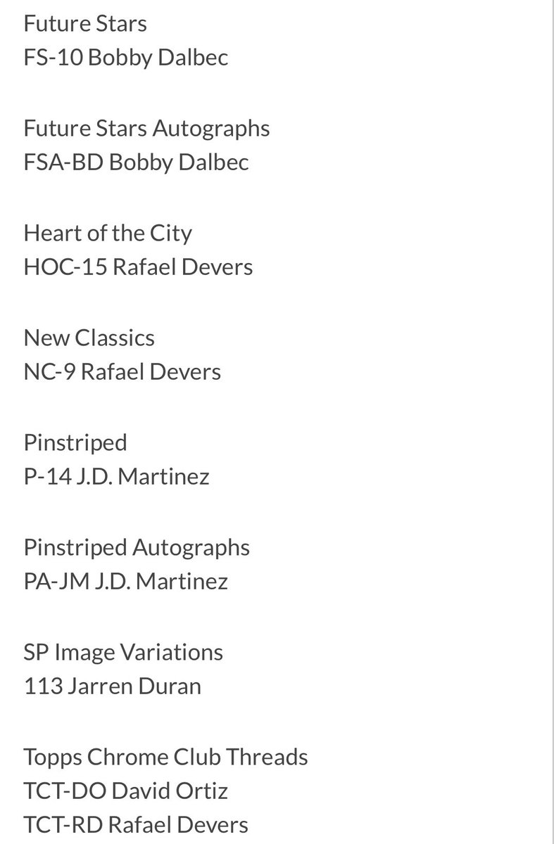 Stretch_Breaks's tweet photo. Boston Red Sox

Case: $150 
3-box: $42 

4 rookie autographs + a number of veteran autos &amp; inserts 

@sports_sell @FillThisBreak https://t.co/JCLsvKk5vR