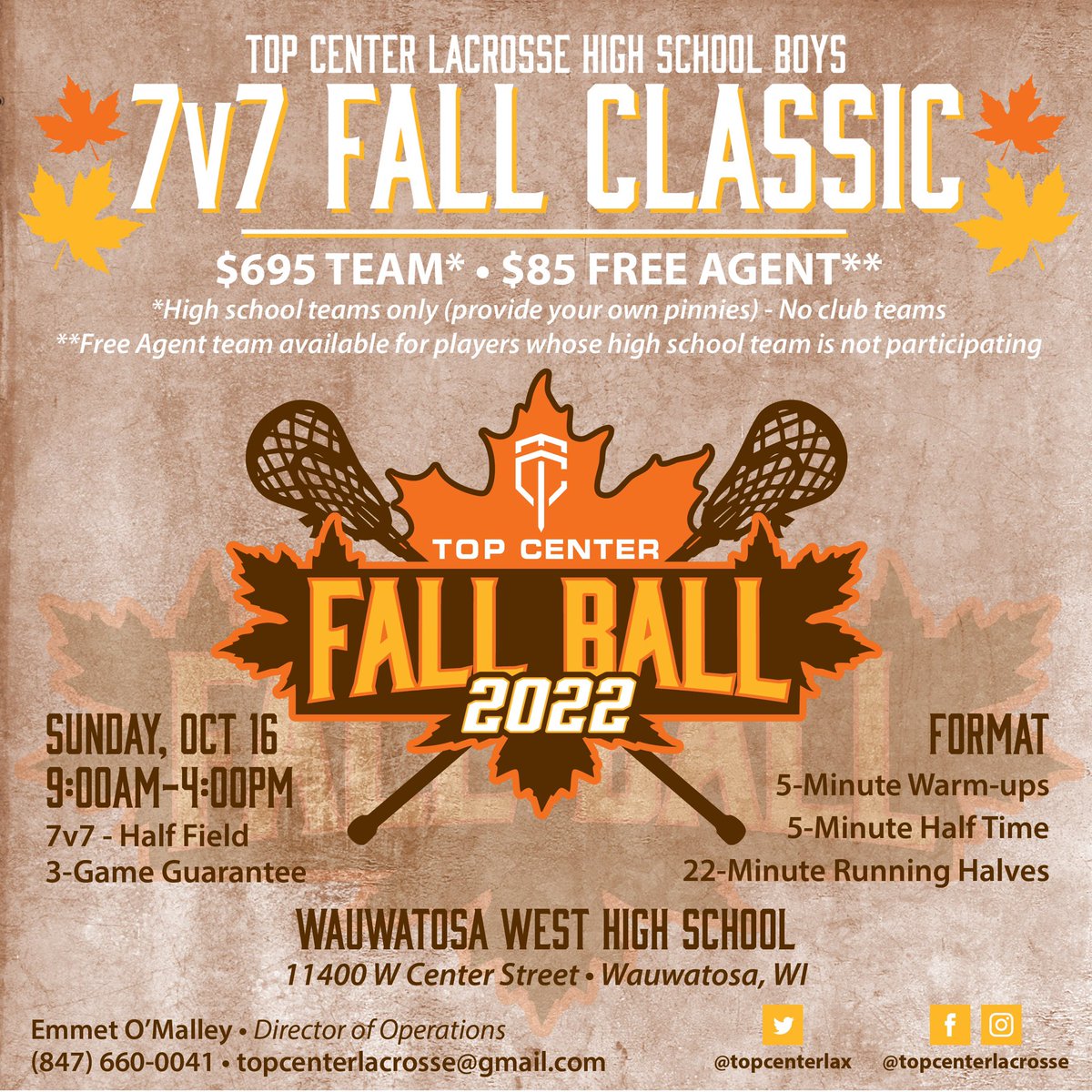 3rd Annual HS Boys Fall 7v7!

🚨 New Format 🚨
• 1 Day
• 3 Game Guarantee
• Lots of fun!

🔗 Registration link:
topcenterlacrosse.com/fallclass7v7

#TCLX