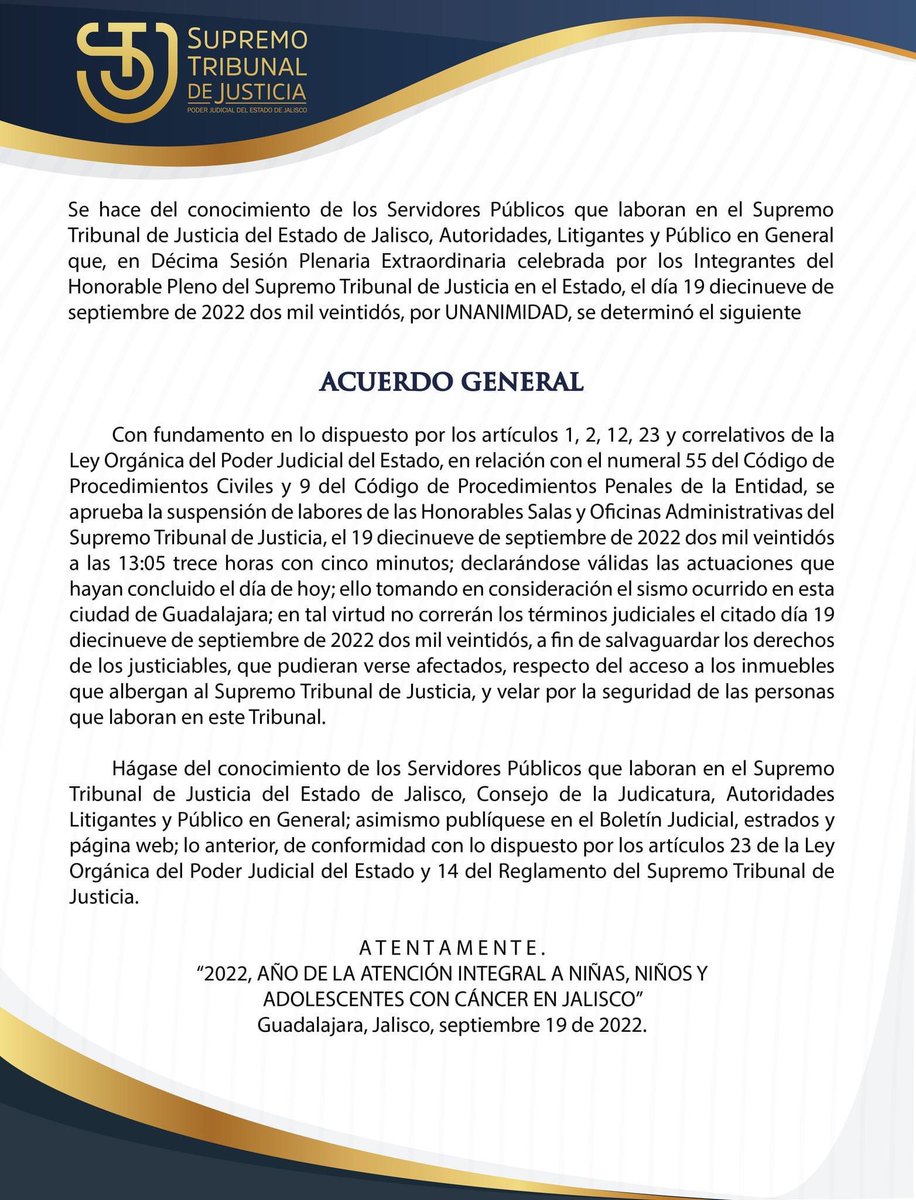 AbogadosGoLegal's tweet photo. El día de hoy 19 de septiembre de 2022, se suspendieron los términos judiciales en el Estado de JalIsco, derivado del sismo ocurrido.
#sismo
#poderjudicial
#terminos https://t.co/jlNSJf7l94