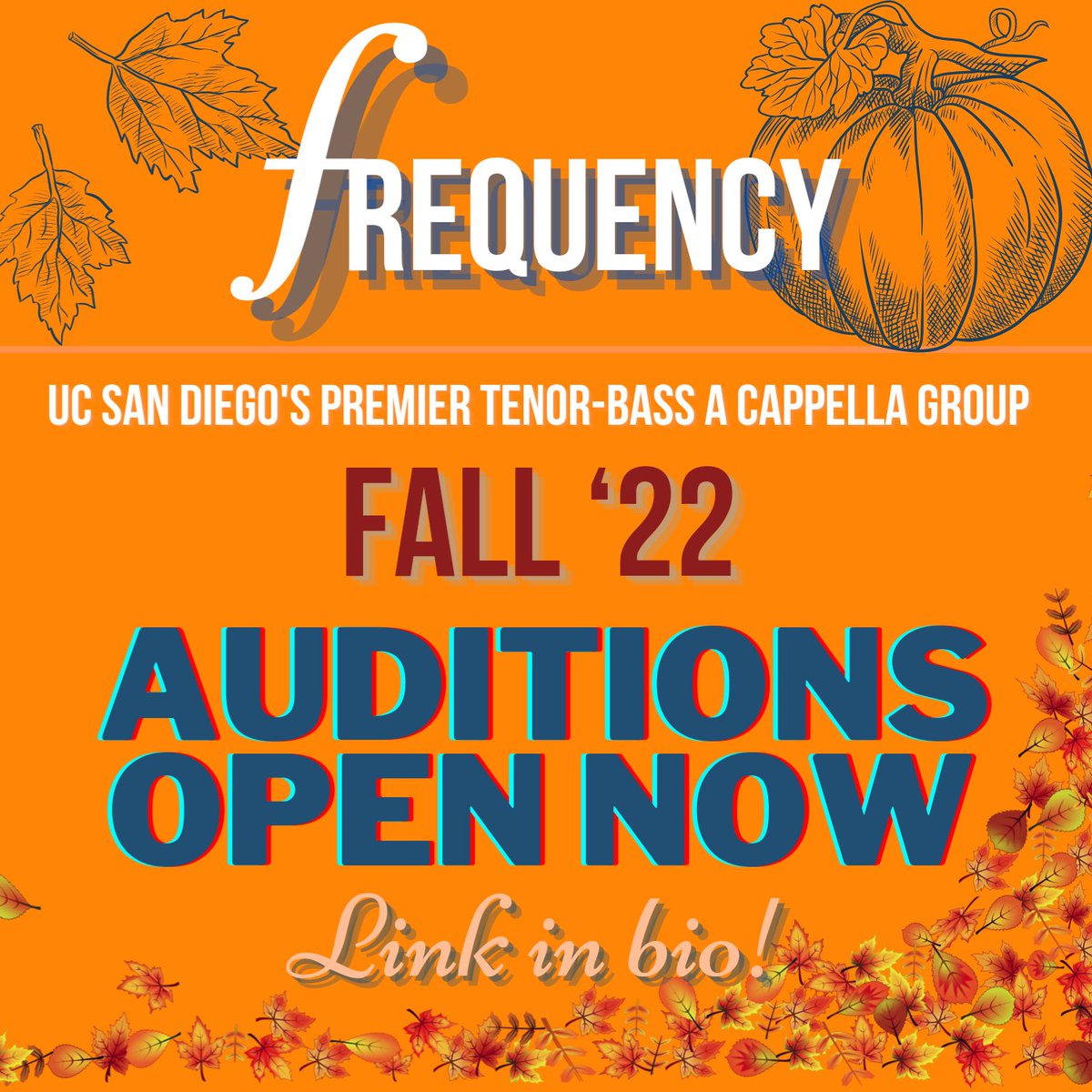 Welcome back to the new school year! Frequency is excited to invite YOU to our Fall 2022 auditions! If you like singing in a tenor-bass environment, learning choreo, and good vibes (frequencies), you'll love singing with us. Use the link in our bio to sign up! See you there 😎