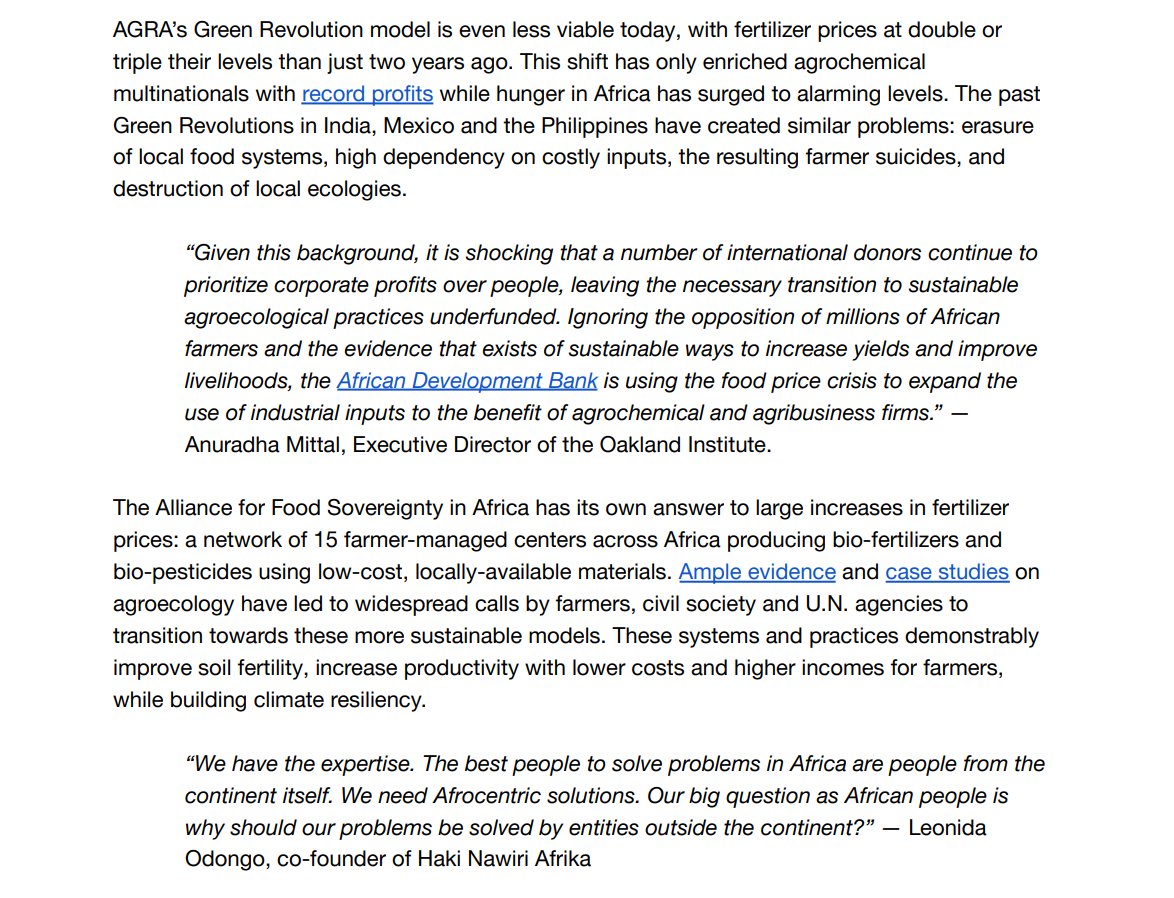 drgloryjjjjj958's tweet photo. Statement early this month from the Alliance for Food Sovereignty in Africa⬇️

They take a stand against the Rockefeller/Gates/USAID backed AGRA development model which degraded local ecologies + the livelihoods of small farmers to enrich MNCs.

They're also preparing for #COP27 https://t.co/6NJ2PbA4ys