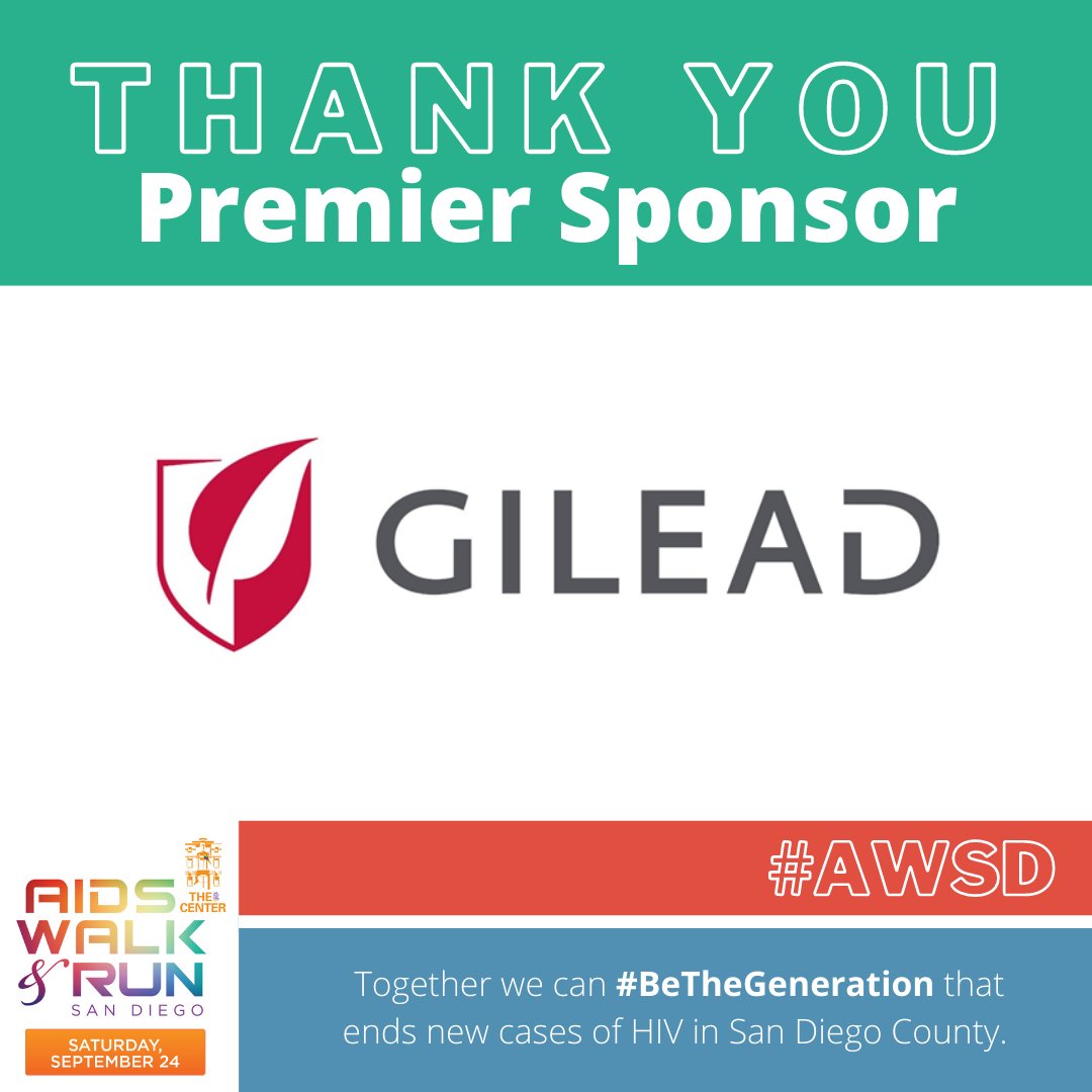 LGBTCenter's tweet photo. ✨ #ThankYou to Premier Sponsor, @gileadsciences for supporting the 33rd annual #AWSD event taking place this Sat, Sept 24! 

❤️ Gilead's support helps us put this event together to join as a community &amp; raise funds for HIV services &amp; prevention programs in San Diego! https://t.co/NXzAolArcI