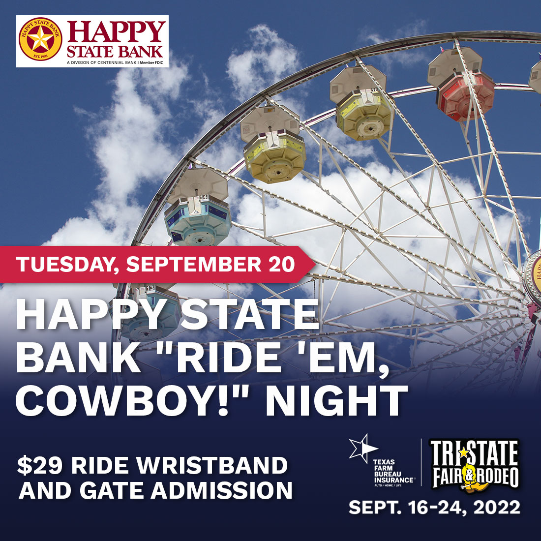 tristatefair's tweet photo. Join us TOMORROW for Happy State Bank "Ride 'em, Cowboy!" Night and get a Ride Wristband including Gate Admission for just $29! See you there! 🎡 https://t.co/FLvX52Yjqi