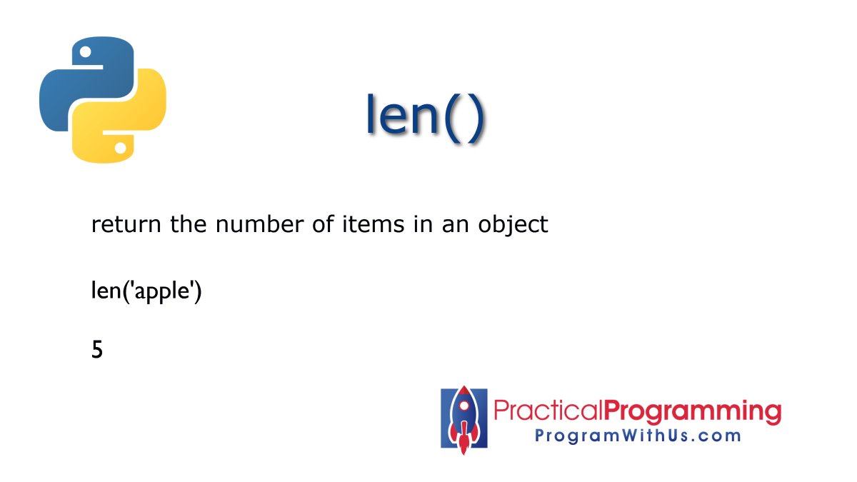artyudin_nyc's tweet photo. Function len() 
return the number of items in an object 

#Python, #DataScience, #MachineLearning, #programwithus, #pythonlearning https://t.co/OtunZQkHpH
