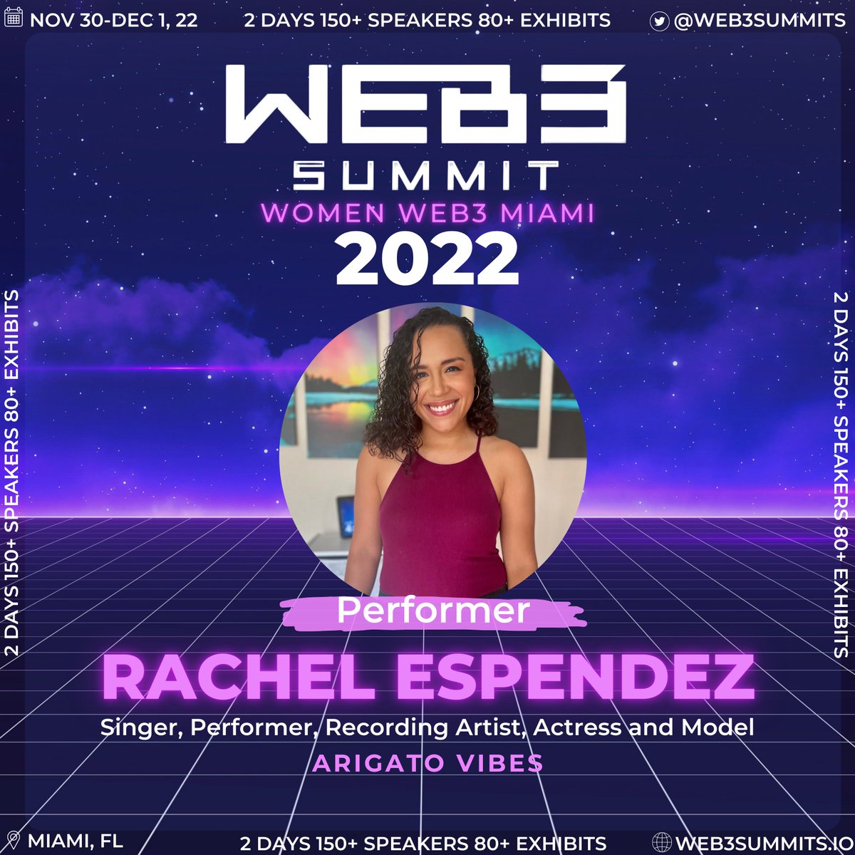 Web3summits's tweet photo. 🌟Performer Highlight🌟

Welcome @rachelespendez 🔥!

Don't miss this amazing performance!

Thank you for your support and for becoming part of our #Web3Summits family.  

🎟️https://t.co/QhZX5AiD9A

#womeninweb3 #Web3 #Miamitech https://t.co/vzQMESn9vI