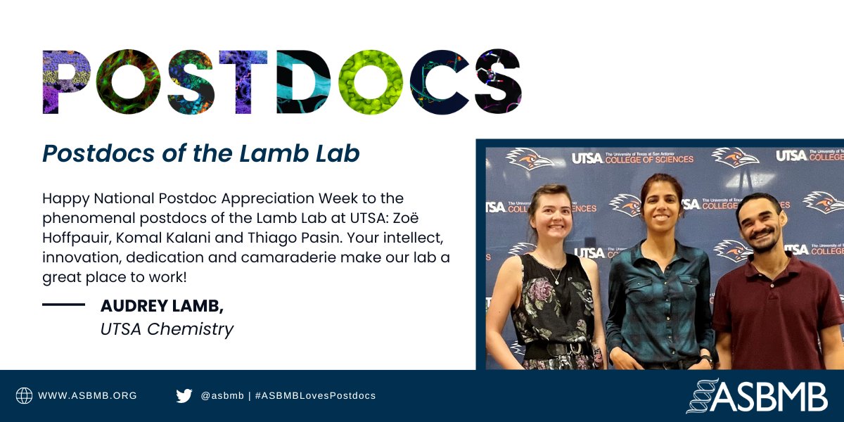 ASBMB's tweet photo. Happy #NPAW2022 to the postdocs of the @LamblabUTSA at @UTSA! Audrey Lamb writes: "Zoë Hoffpauir, Komal Kalani and Thiago Pasin. Your intellect, innovation, dedication and camaraderie make our lab a great place to work!" #ASBMBlovesPostdocs
https://t.co/cKe35jUDFH https://t.co/r21tkD32Nn