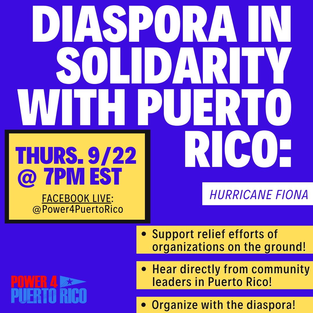 ✊ Diaspora in Solidarity with #PuertoRico : mailchi.mp/power4puertori… Join Justo Méndez of Vamos PR, policy expert Dra. <a href="/AdiMar99/">Adi Martinez-Roman</a>, and  <a href="/LaPoetaMariposa/">Mariposa Fernández</a>. #Fiona