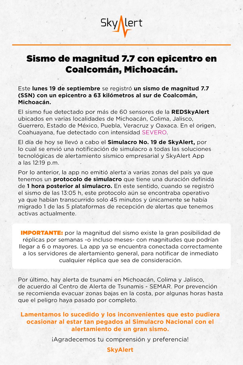 SkyAlertMx's tweet photo. Comunicado para nuestros usuarios sobre el alertamiento del sismo de magnitud 7.7 que se registró hoy lunes 19 de septiembre a las 13:05 p.m. después de haber finalizado el simulacro nacional. https://t.co/7hGEbBjYVY