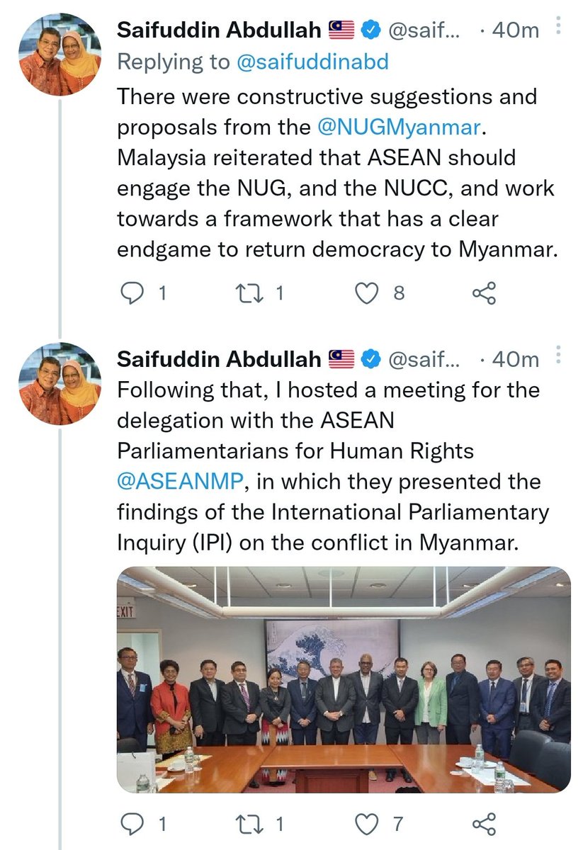 MayWongST's tweet photo. On sidelines of #77UNGA, #Malaysia's vocal critic of #Myanmar #military @saifuddinabd engages widely with Myanmar's civilian @NUGMyanmar &amp; other representatives including #UN permanent rep @KyawTun62907405 who's seeking to retain his seat at the #UN. #WhatsHappeningInMyanmar https://t.co/XLGCVysd3F