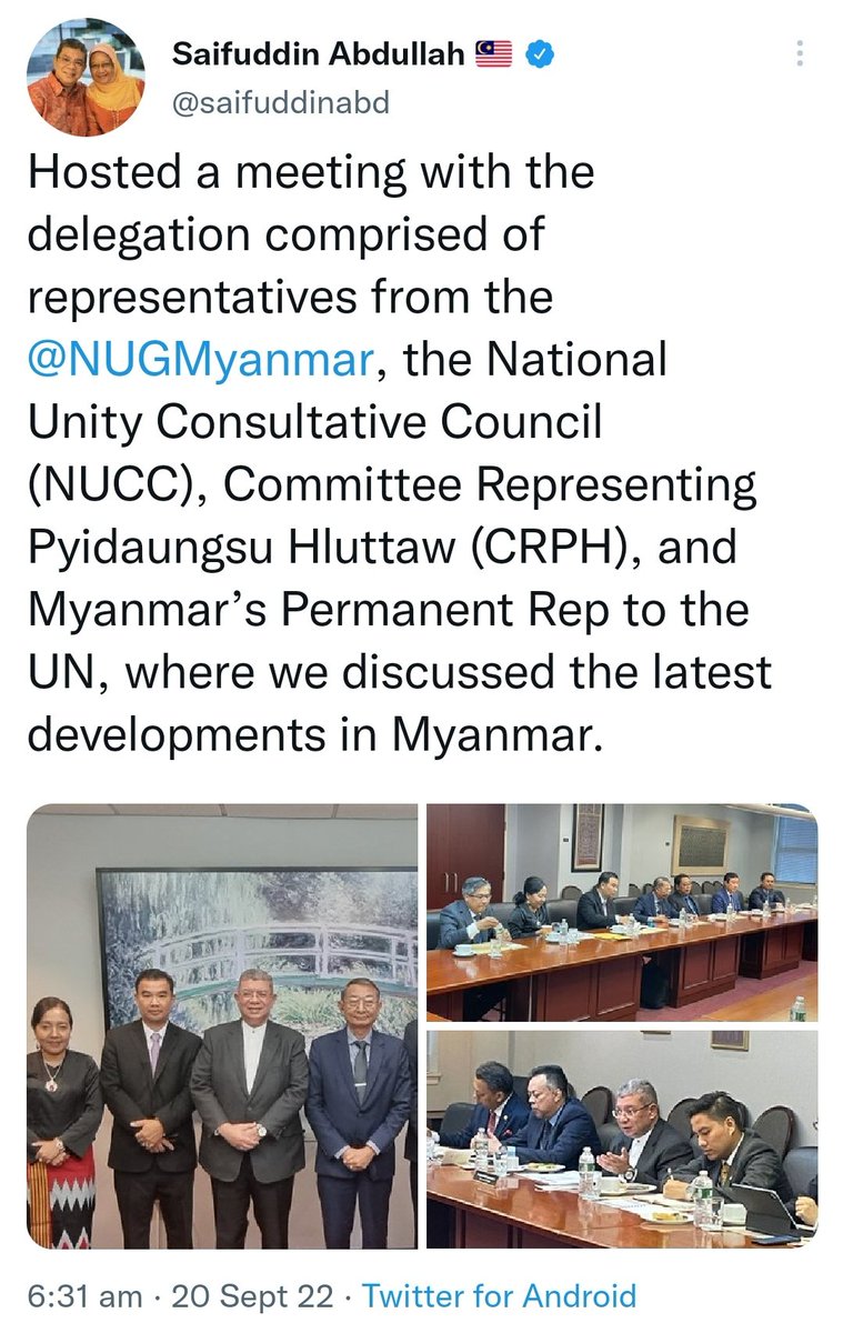 MayWongST's tweet photo. On sidelines of #77UNGA, #Malaysia's vocal critic of #Myanmar #military @saifuddinabd engages widely with Myanmar's civilian @NUGMyanmar &amp; other representatives including #UN permanent rep @KyawTun62907405 who's seeking to retain his seat at the #UN. #WhatsHappeningInMyanmar https://t.co/XLGCVysd3F