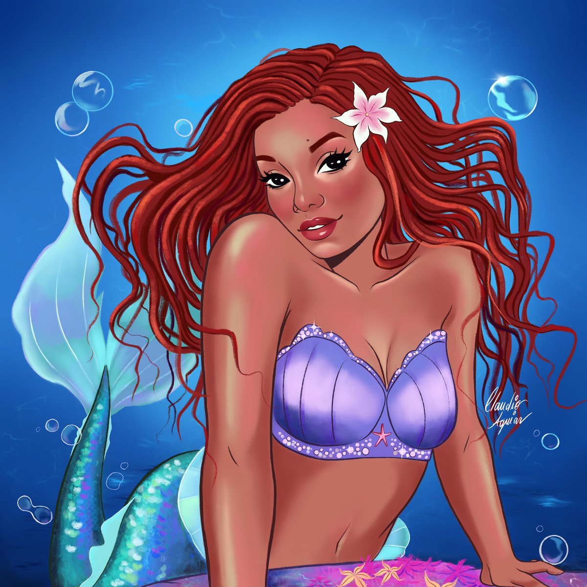Claudi0AguiarJr's tweet photo. Out of the sea, wish I could be… part of that world. 🧜🏽‍♀️🫧 @HalleBailey vai brilhar muito como #Ariel 
#HalleBailey #TheLittleMermaid #ilustration https://t.co/6KsFYYme4n