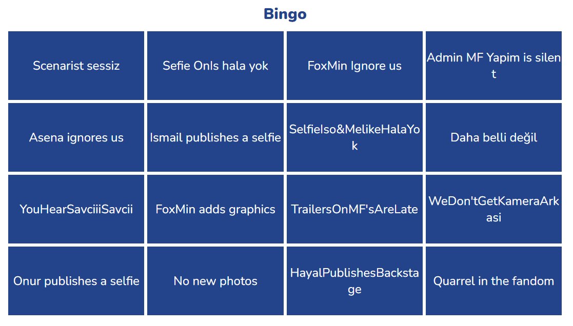 grzywunia_hanim's tweet photo. Günaydın☺️
Bir şeyler hazırladım 🤭
A typical day in the #Mahkum family bingo version 😌
I invite you to play, arkadaşlar🥰
#onurtuna #ismailhacıoğlu #melikei̇pekyalova #hayalkoseoğlu #mfyapim #fibar #barbug #sasbar https://t.co/UN8uabw6KS