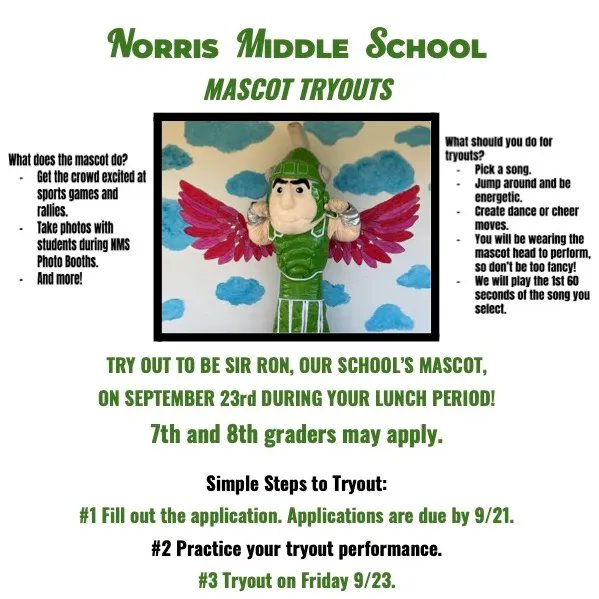 NMS Knights . . . Become our school mascot and help spread school spirit. Applications are available in Student Services and are due by Wednesday 9/21.