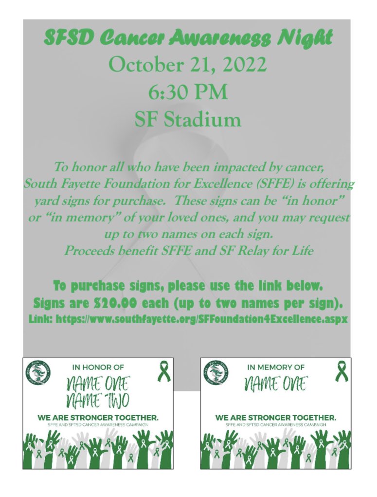 Our Cancer Awareness yard signs are now for sale! Please consider purchasing a sign in honor of your loved ones who have pushed through the onerous battle of cancer. These signs will be placed in front of the stadium on game day for all spectators to see as well.