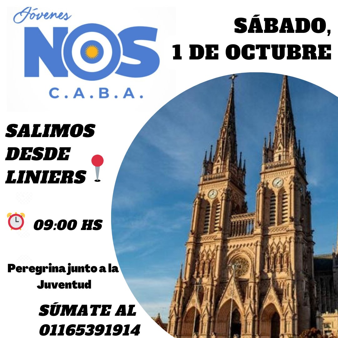 Sábado, 1 de Octubre🗓
Acompaña a <a href="/JNoscabaok/">Jóvenes NOS CABA 🇦🇷</a> en la Peregrinación a Lujan⛪
Camina junto a nosotros y pidamos por una mejor Argentina🇦🇷

Desde Jóvenes NOS CABA nunca nos damos por Vencidos y menos nos Rendimos.
Caminamos juntos y llegamos todos, no se deja a nadie atrás💪🏽🇦🇷💙