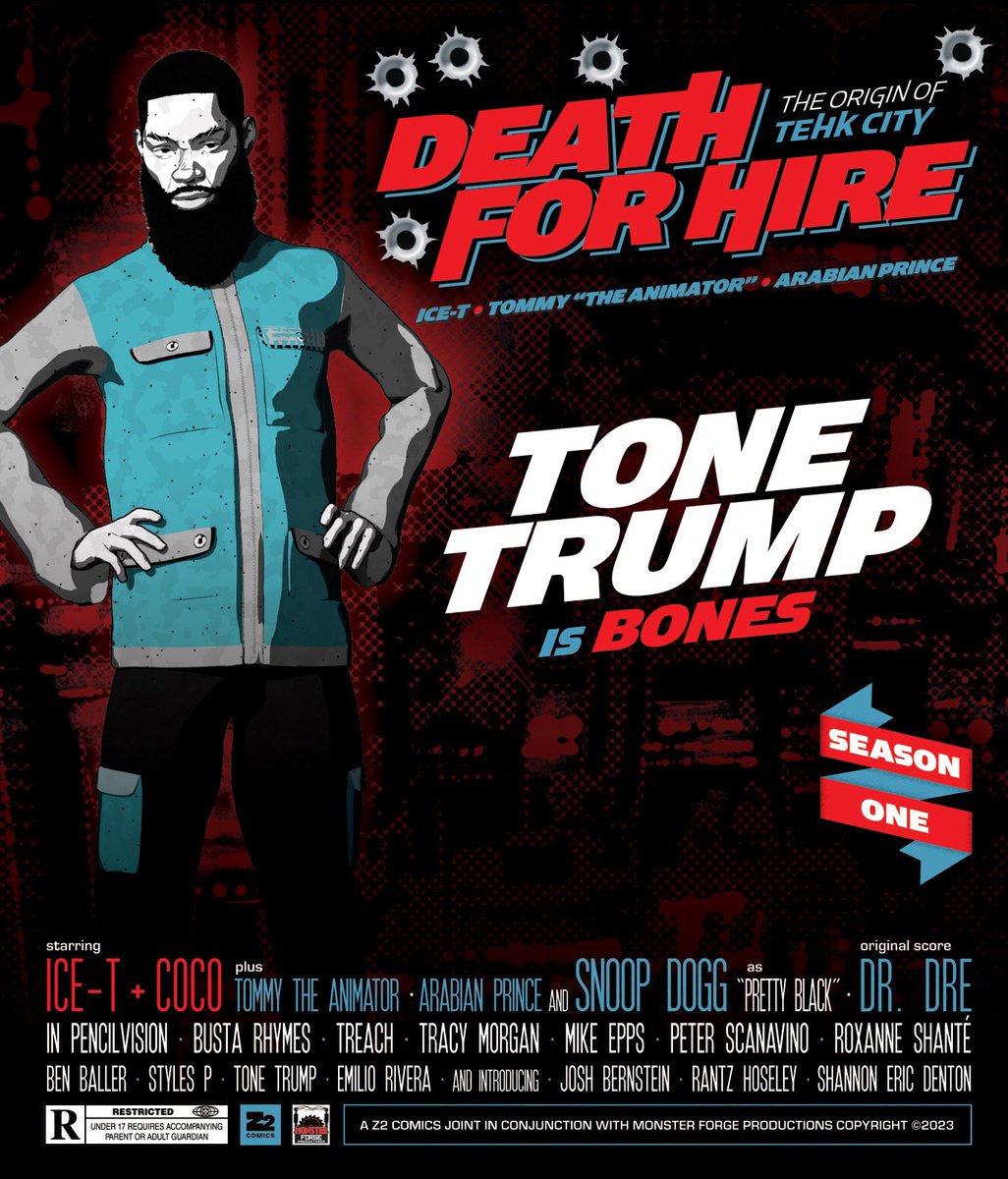 MEET THE CHARACTERS. @tonetrump as “BONES”
The streetwise hustler and security expert. A hitman for hire who can kill with the best of them. A true Tehk City Legend. DEATH FOR HIRE: The Origin Of Tehk City. PRE- ORDER NOW! @z2comics