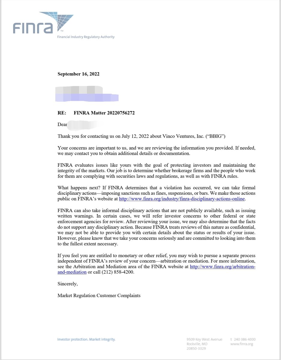 TheNiz16's tweet photo. #BBIG $BBIG wow only took 2 months to respond but FINRA is finally reviewing my complaint 😯. At least it's a start 🙏✊ 

@LauchlinB @Aaron_5021 @LorneRoss3 @Wall_St_Custo @TRUExDEMON @JJRich59 @In_GENIO_MEX @notBBIG @WarTimeCEO78 @bzztbee  @LetsBounceBack_ @Martian_Samurai https://t.co/drrJuWX42K