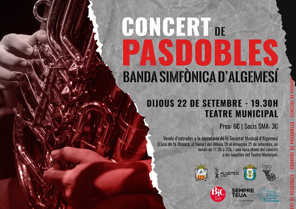 SMAlgemesi's tweet photo. 🎶🎷CONCERT DE PASDOBLES 2022🎵🎺

🗓️Dijous 22 de setetembre
⏰19.30h
📌Teatre Municipal d'Algemesí

Entrades a la venda en la secretaria de la SMA i una hora abans del concert a les taquilles del Teatre. https://t.co/r99csMnUMb