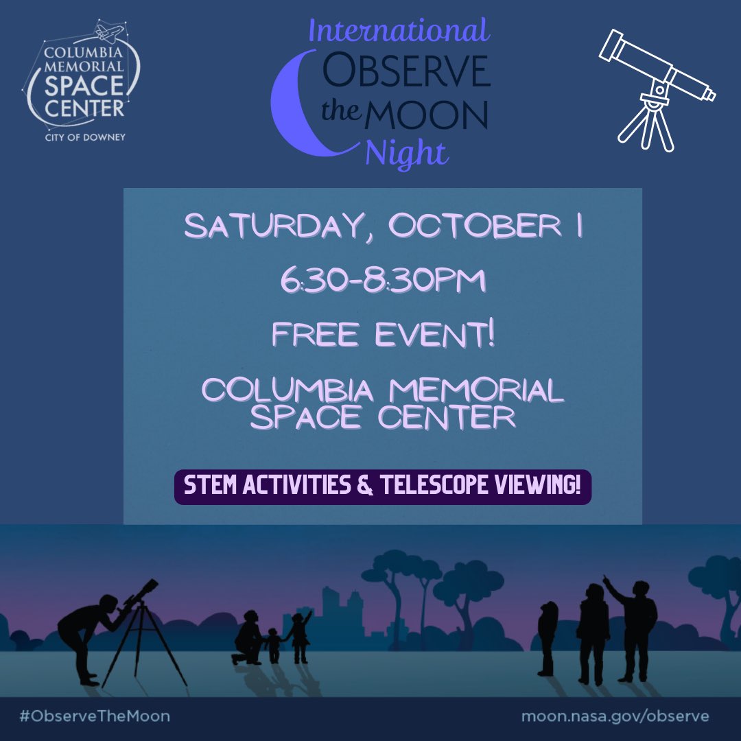 Come celebrate International Observe the Moon Night with us❗️We will be hosting this FREE event at the space center on Saturday, October 1, 6:30-8:30PM🌕 Local astronomers will have telescopes available for viewing the moon, planets, & other celestial objects in the night sky🔭