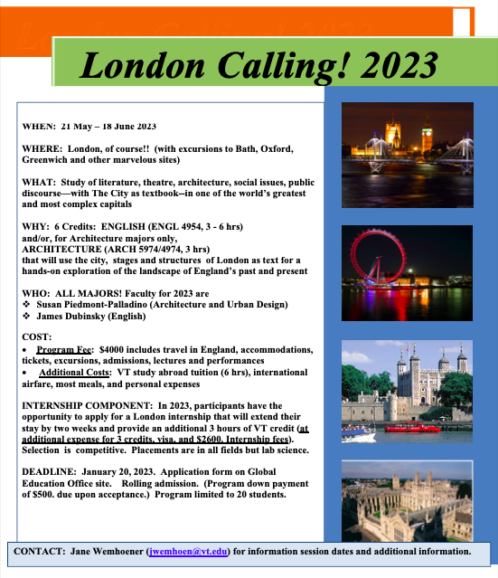 VTenglish's tweet photo. #VTEnglish will be at the Study Abroad Fair! 

Check us out this Wednesday (9/21) on the Drillfield to learn about our London Calling offering! https://t.co/QZvXo0pymm