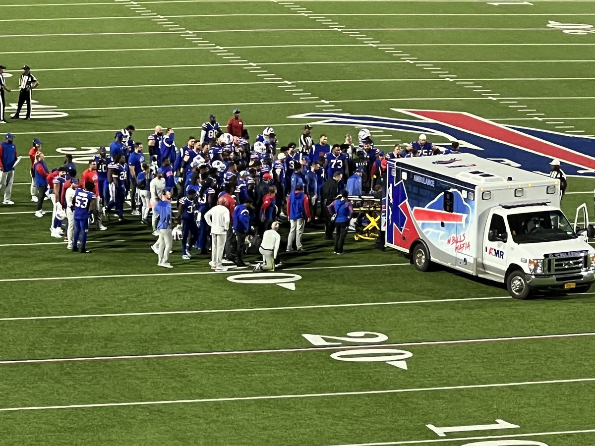 The entire #Bills team is on the field for Dane Jackson, whose head and neck were bent back in an awkward, violent collision with a teammate.